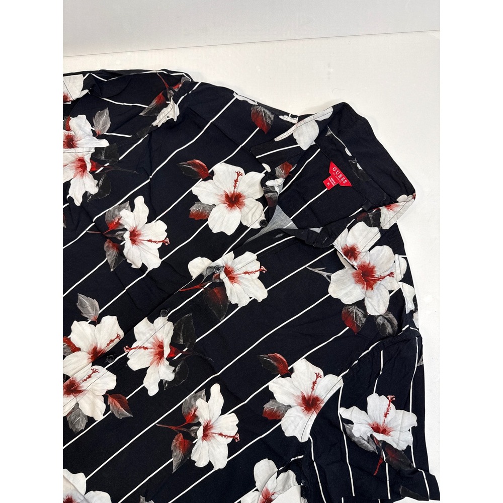 GUESS Men's Black Floral Stripe Short Sleeve Button Up Shirt XL